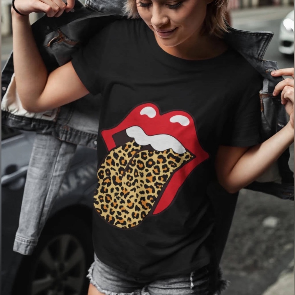 Dark Grey 👄 Animal Print leopard 🐆 Tongues 👅 Rolling Stones 💯 Cotton T-Shirt